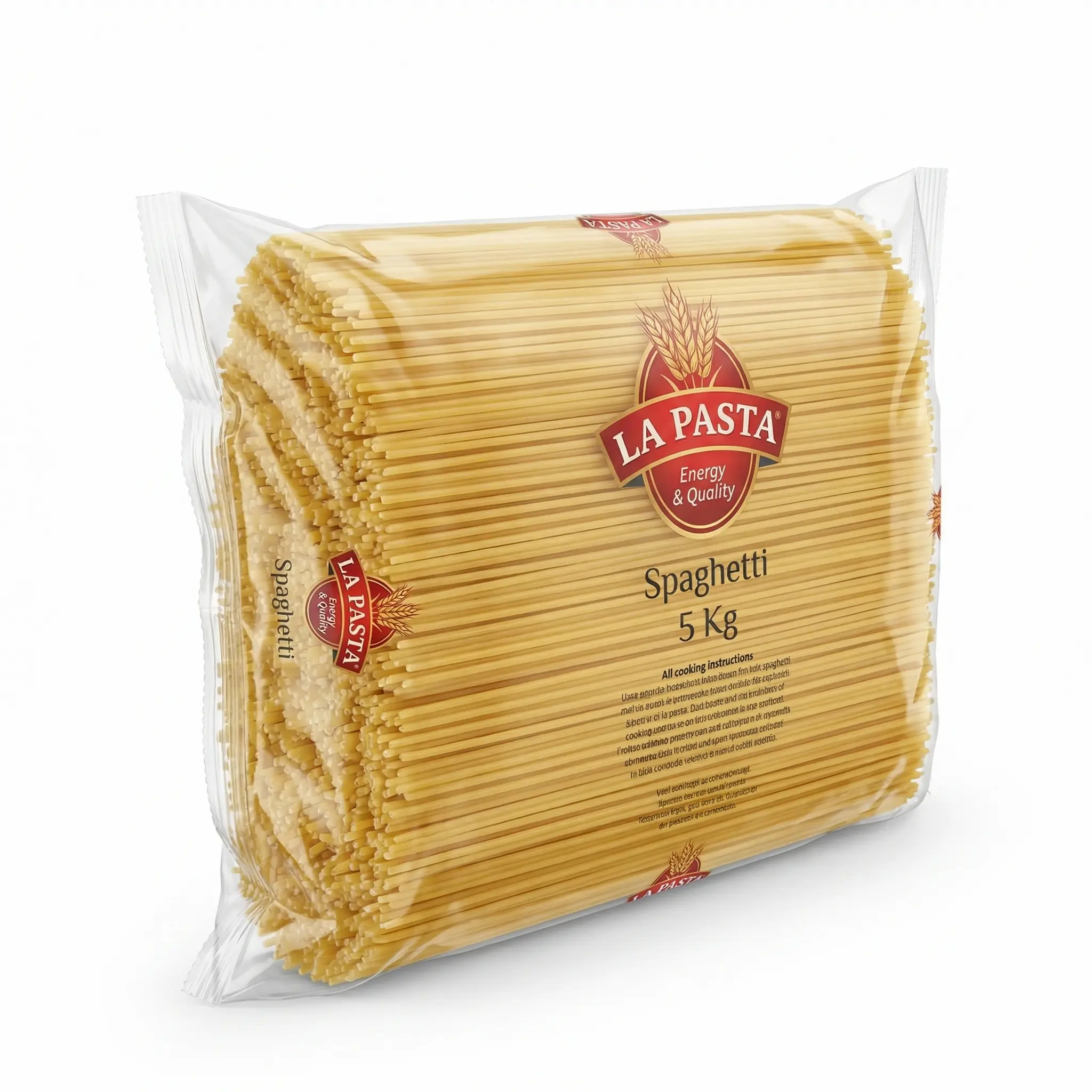Vue latérale carton spaghetti La Pasta 5kg, marquage clair visible